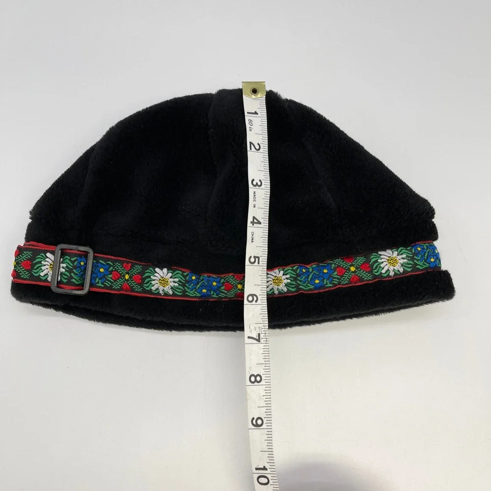 Polar Mitts Fleece Hat OS Black Faux Fur Floral Edelweiss Nordic Après Ski Lodge